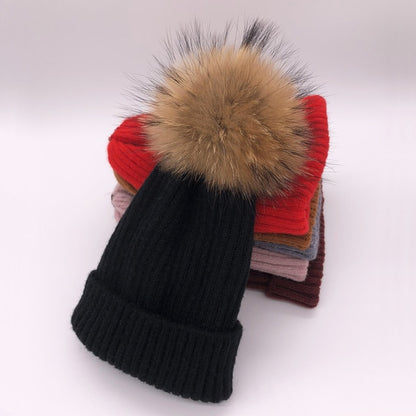 Chapeau d'hiver de luxe avec pompon en fourrure de renard, bonnet de haute qualité pour filles et femmes