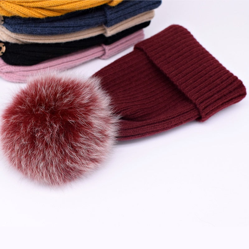 Chapeau d'hiver de luxe avec pompon en fourrure de renard, bonnet de haute qualité pour filles et femmes