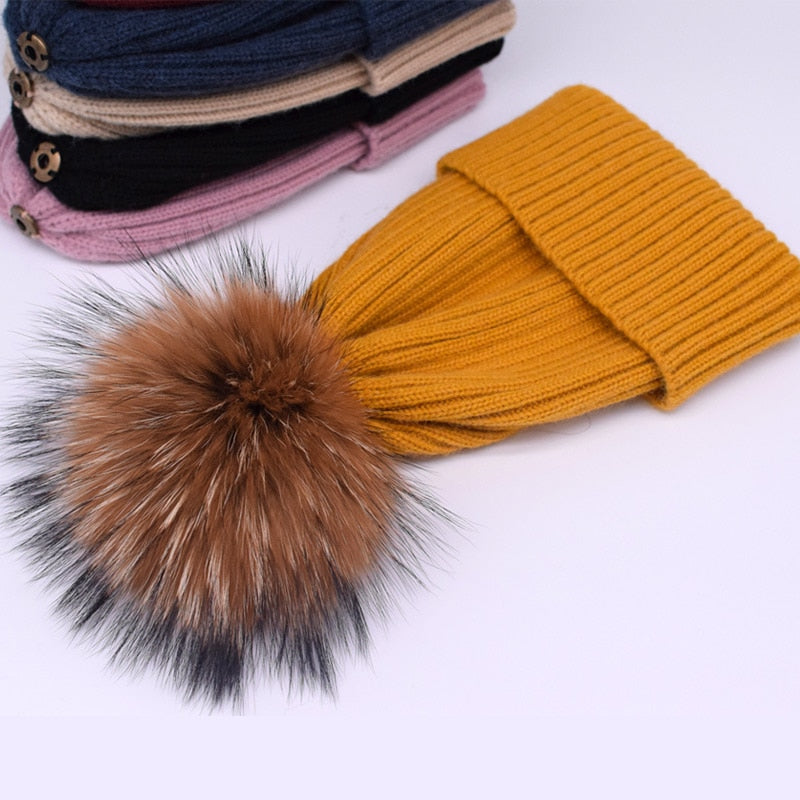 Chapeau d'hiver de luxe avec pompon en fourrure de renard, bonnet de haute qualité pour filles et femmes