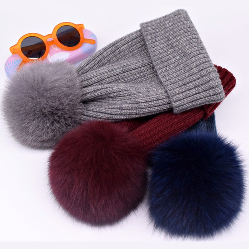 Chapeau d'hiver de luxe avec pompon en fourrure de renard, bonnet de haute qualité pour filles et femmes