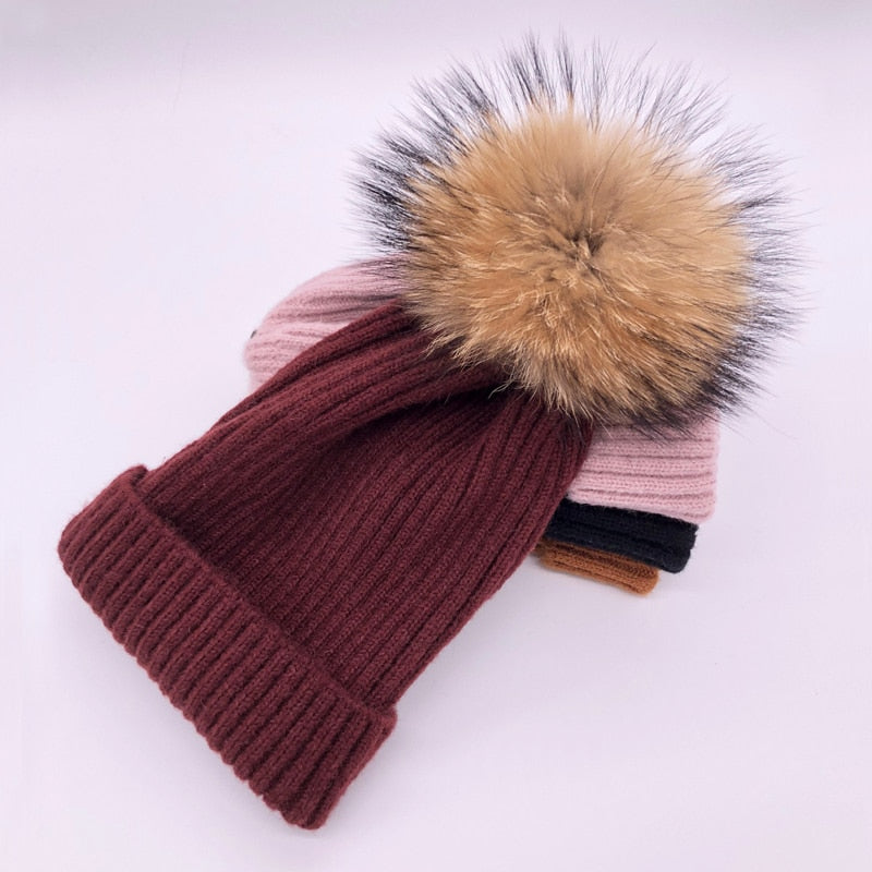 Chapeau d'hiver de luxe avec pompon en fourrure de renard, bonnet de haute qualité pour filles et femmes