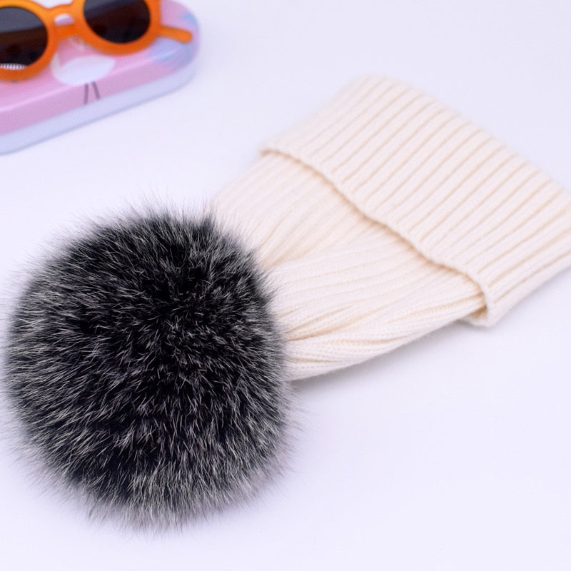 Chapeau d'hiver de luxe avec pompon en fourrure de renard, bonnet de haute qualité pour filles et femmes