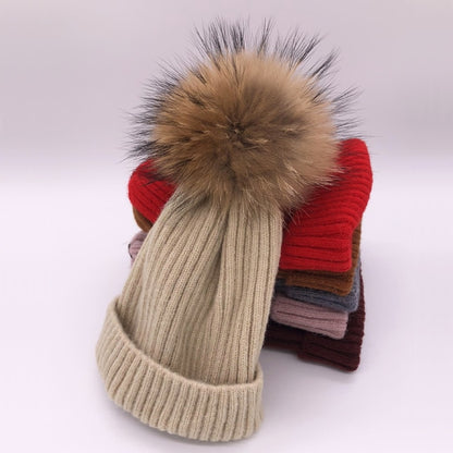 Chapeau d'hiver de luxe avec pompon en fourrure de renard, bonnet de haute qualité pour filles et femmes