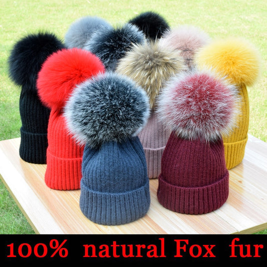 Chapeau d'hiver de luxe avec pompon en fourrure de renard, bonnet de haute qualité pour filles et femmes